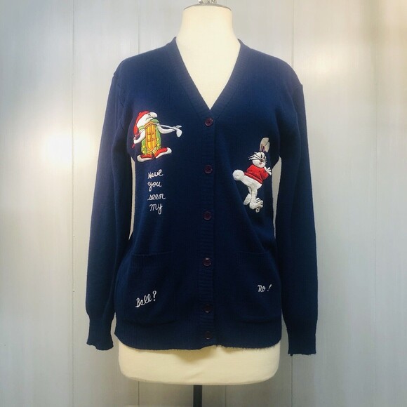Vintage La Mode Du Golf Royal Blue Cardigan Sweater Button V-Neck Large - Picture 1 of 13